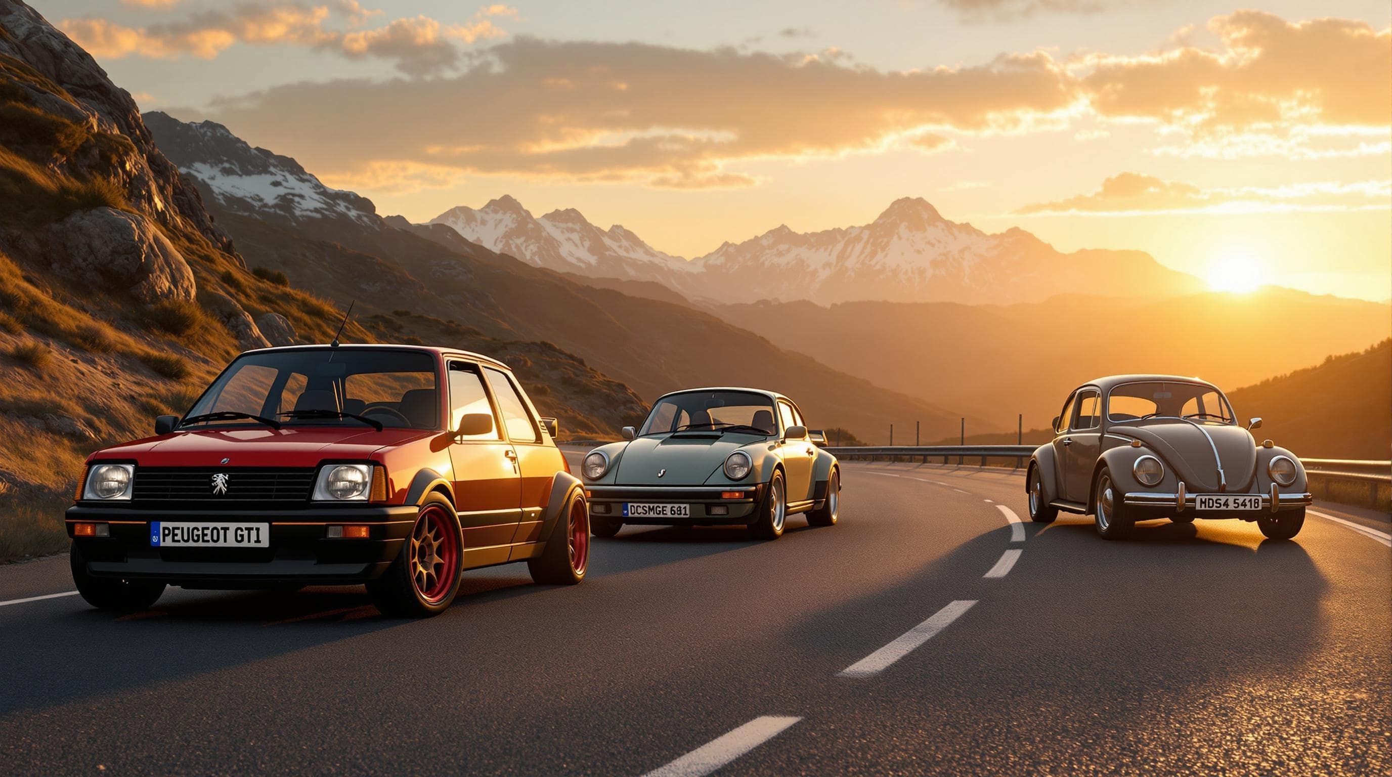 Voitures mythiques sur route de campagne (Peugeot 205, Porsche 911 et VW Coccinelle)
