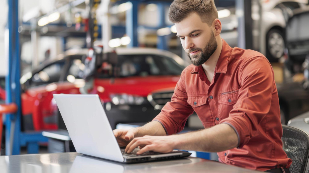 Garagiste dans son garage consultant Listocar sur son ordinateur